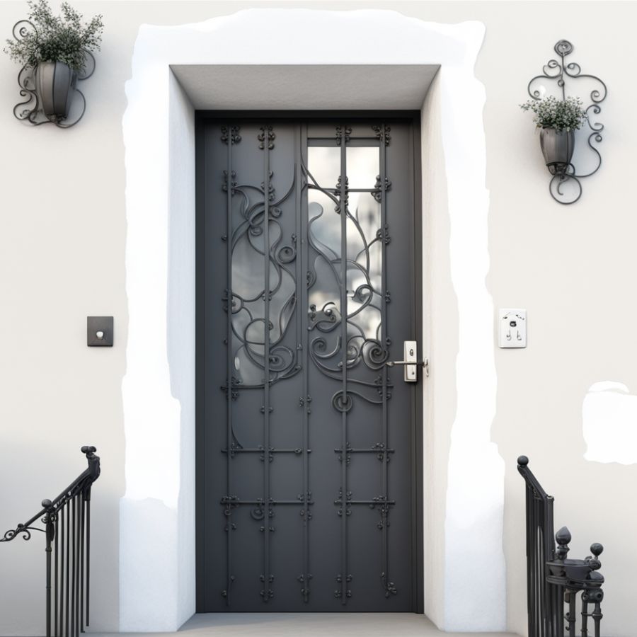 puerta de herrería sencilla con detalles en hierro forjado