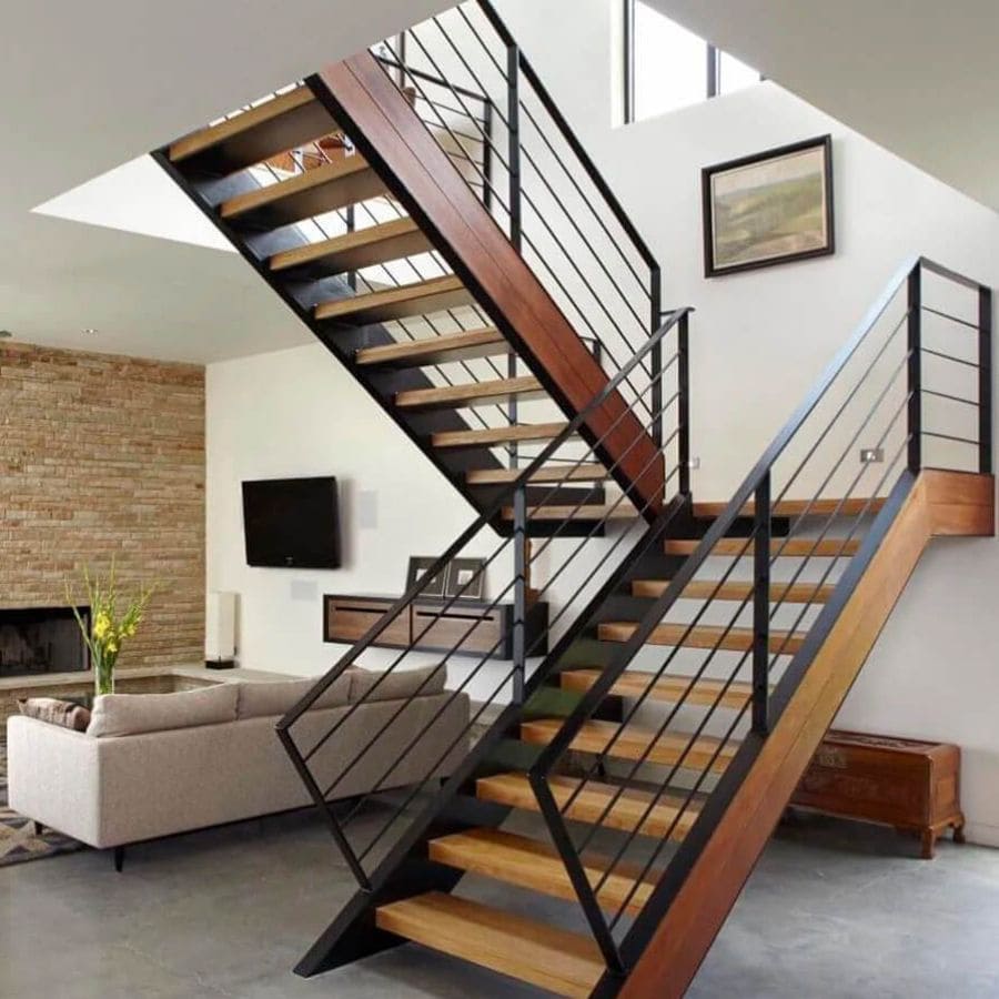 diseño moderno de escalera de herrería con madera para salas